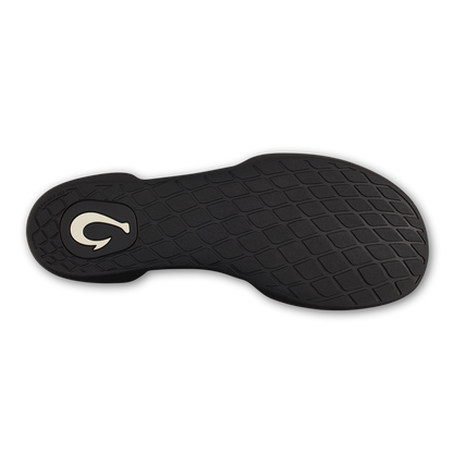 Black shoe sole with quilted texture and white logo medallion on heel.