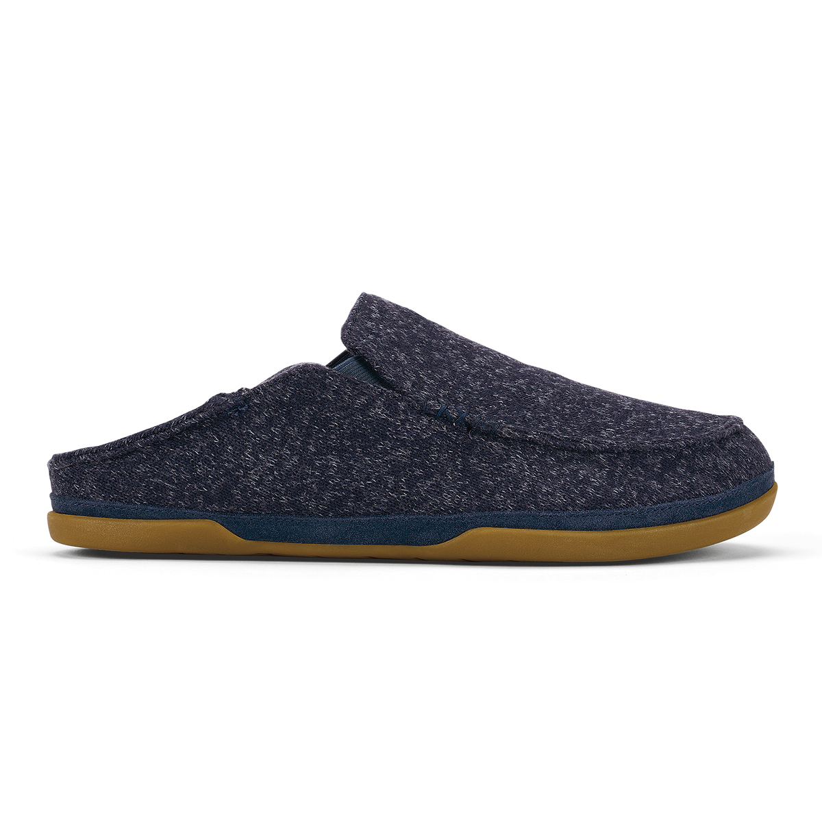 Dark blue knit slipper with tan rubber sole and navy trim, shown in profile view.