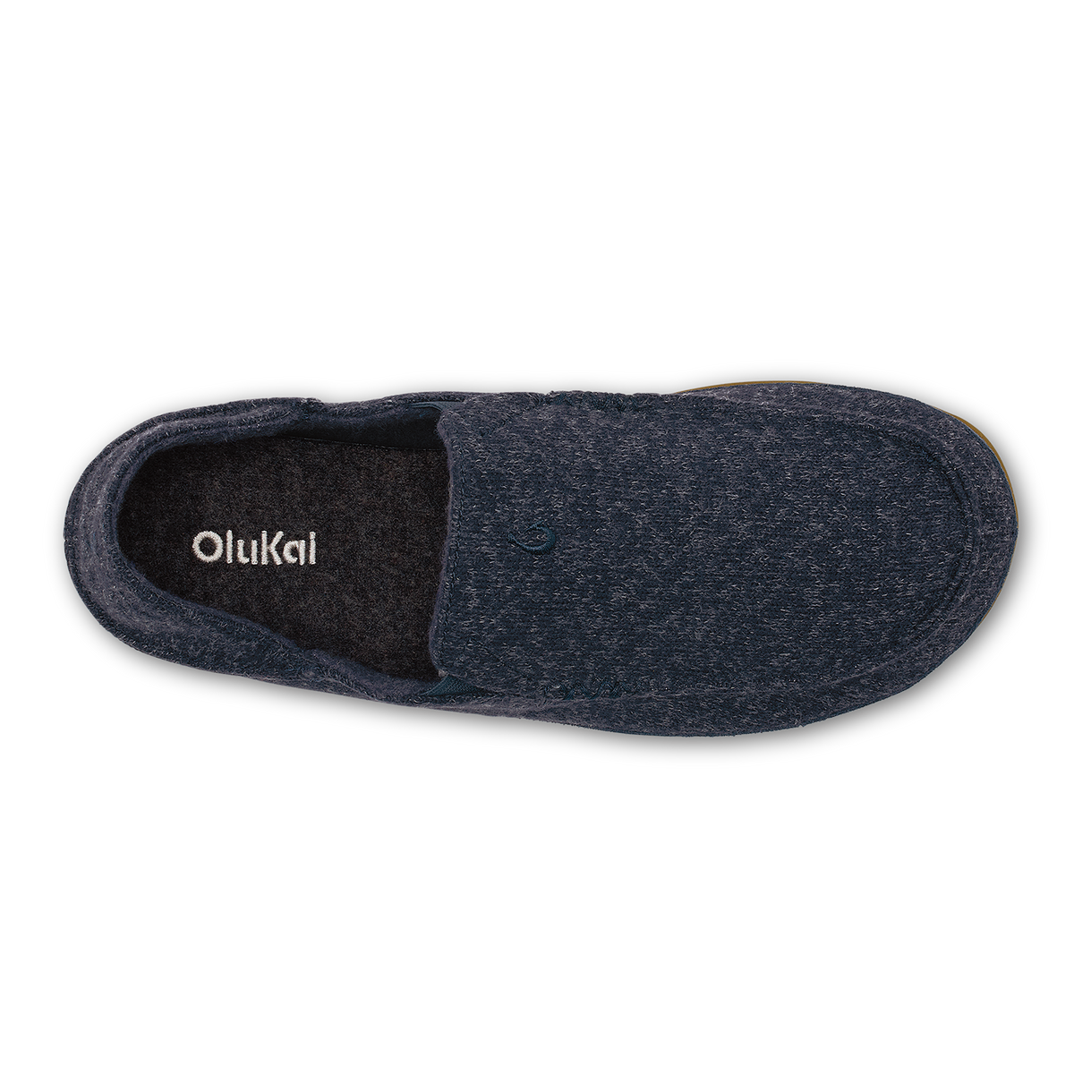 Dark blue slip-on slipper with textured knit upper and black fleece lining, top view.