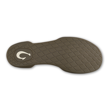 Black sole with geometric tread pattern and white logo detail on the heel.