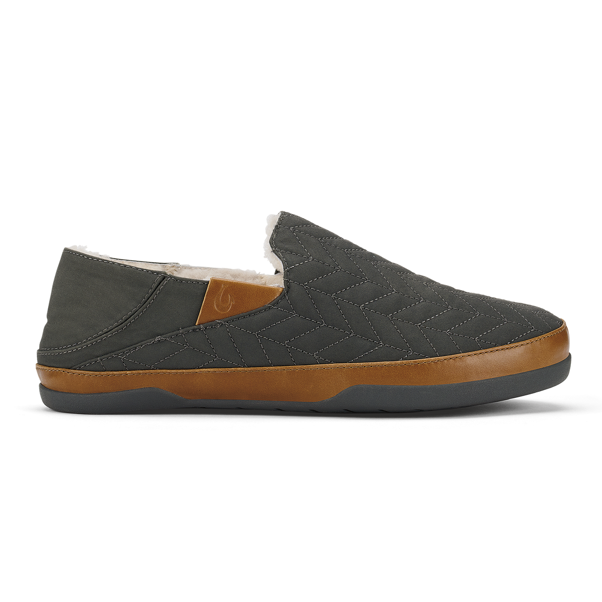 Dark gray quilted slip-on shoe with tan leather trim and sherpa-lined collar, shown from the side.