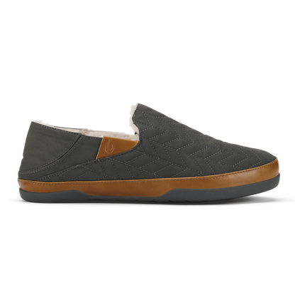 Dark gray quilted slip-on shoe with tan leather trim and sherpa-lined collar, shown from the side.