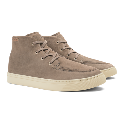 Taupe grey suede chukka boot with cream rubber sole and lace-up closure.
