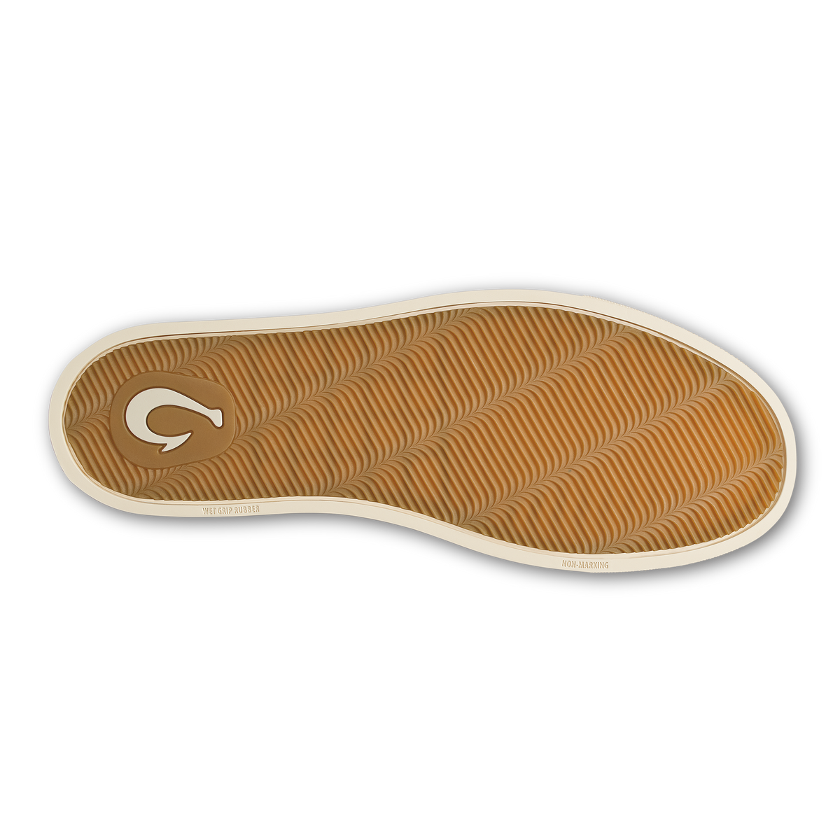 Tan and cream shoe sole with wavy tread pattern and brand logo.