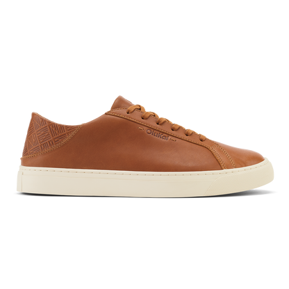 Brown leather lace-up sneaker with cream rubber sole and geometric patterned heel panel.