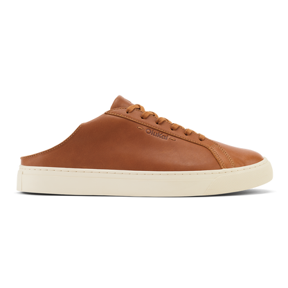 Tan leather lace-up mule with cream rubber sole and stitched detailing.