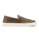 Walnut leather slip-on loafer with white rubber sole and stitched topline detail.