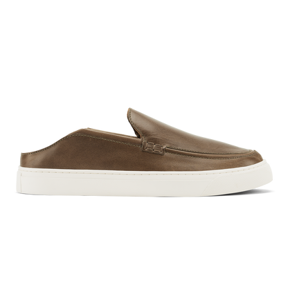 Walnut slip-on loafer with white rubber sole and stitched moc toe detail.