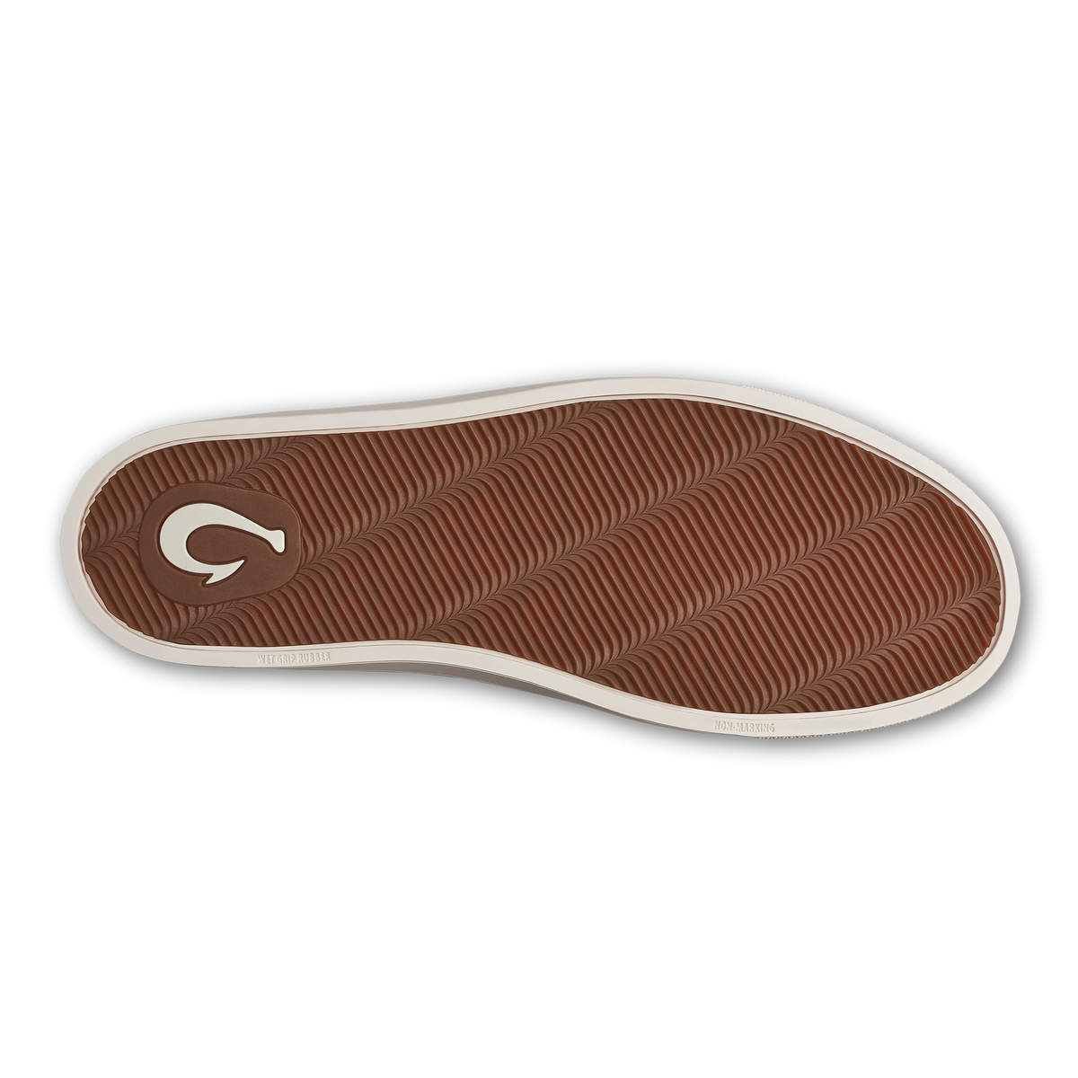 Walnut slip-on shoe sole with white trim and textured brown rubber tread pattern.