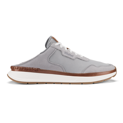Light grey mule sneaker with brown leather trim, mesh upper, and white cushioned sole.
