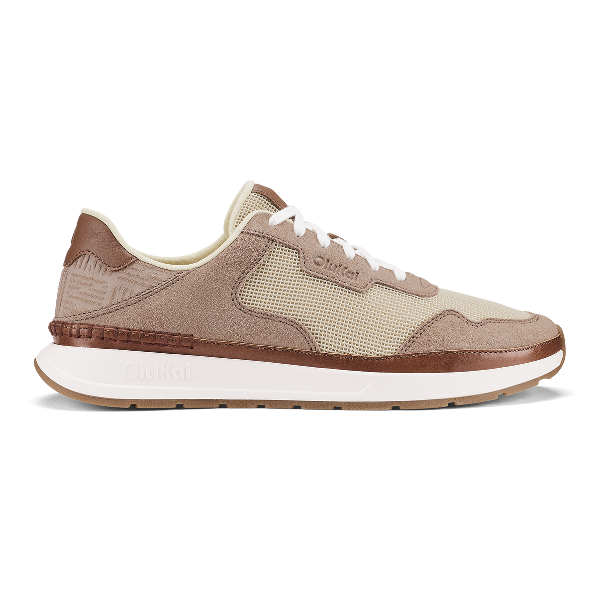 Koke sneaker in ecru and taupe grey with mesh and suede panels, white midsole, and brown rubber outsole.