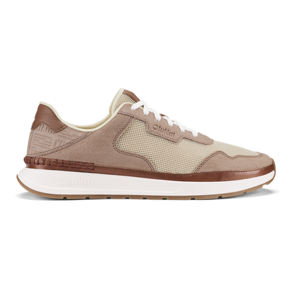 Koke sneaker in ecru and taupe grey with mesh and suede panels, white midsole, and brown rubber outsole.