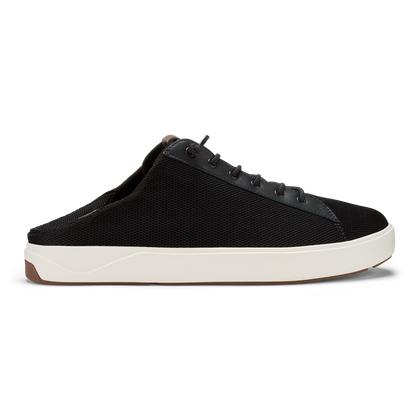 Black mesh slip-on shoe with white rubber sole and brown heel accent.