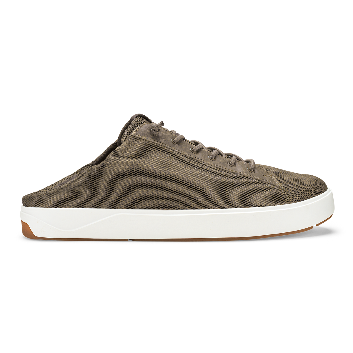Walnut textured slip-on mule with white sole and brown heel accent.