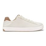 White mesh lace-up sneaker with tan heel counter and white rubber sole, shown in side profile view.
