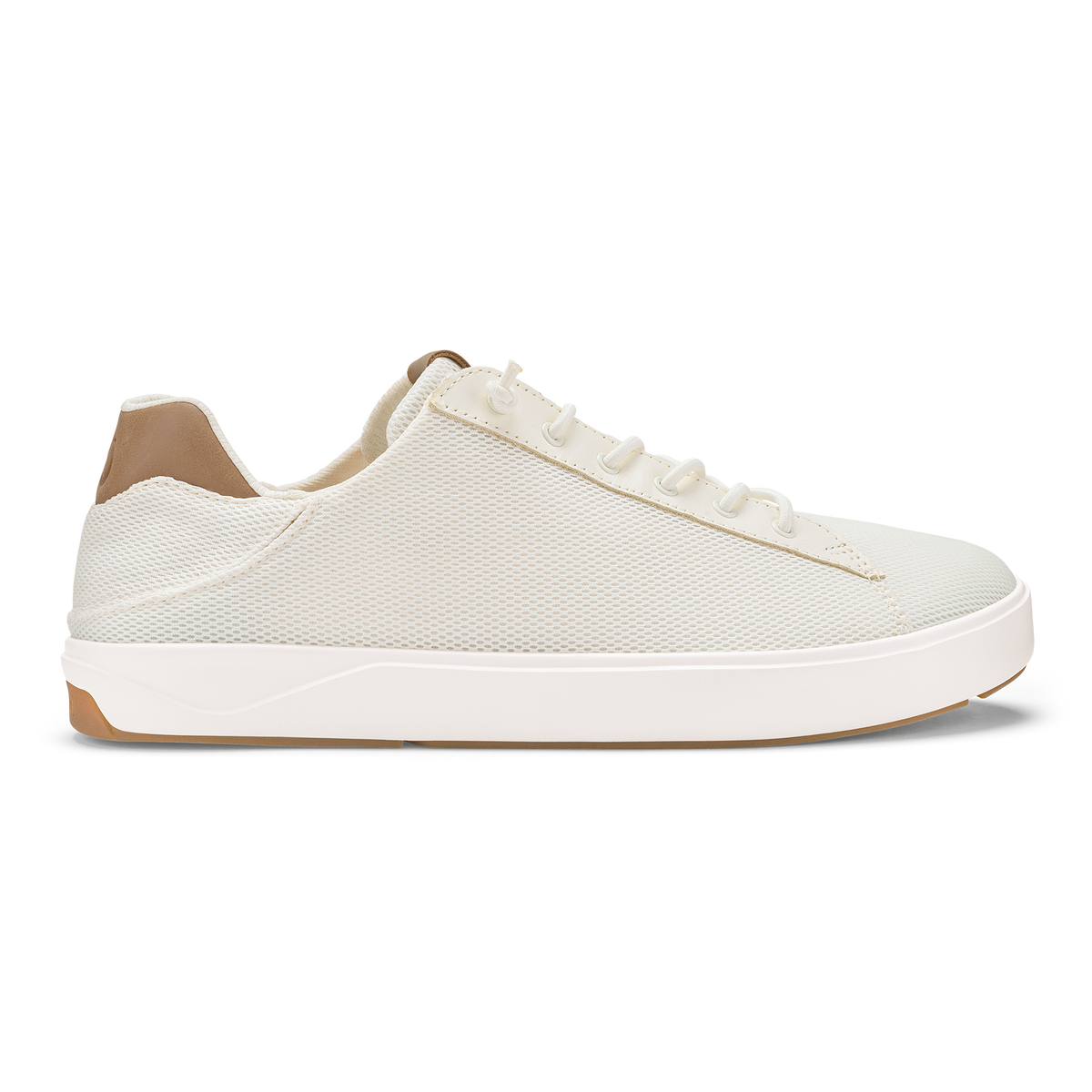 White mesh lace-up sneaker with tan heel counter and white rubber sole, shown in side profile view.
