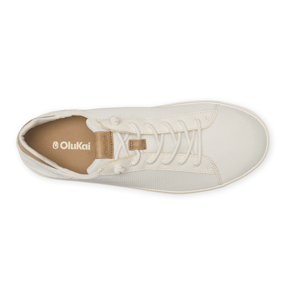White canvas high-top sneaker with lace-up closure and tan heel tab, displayed from above.