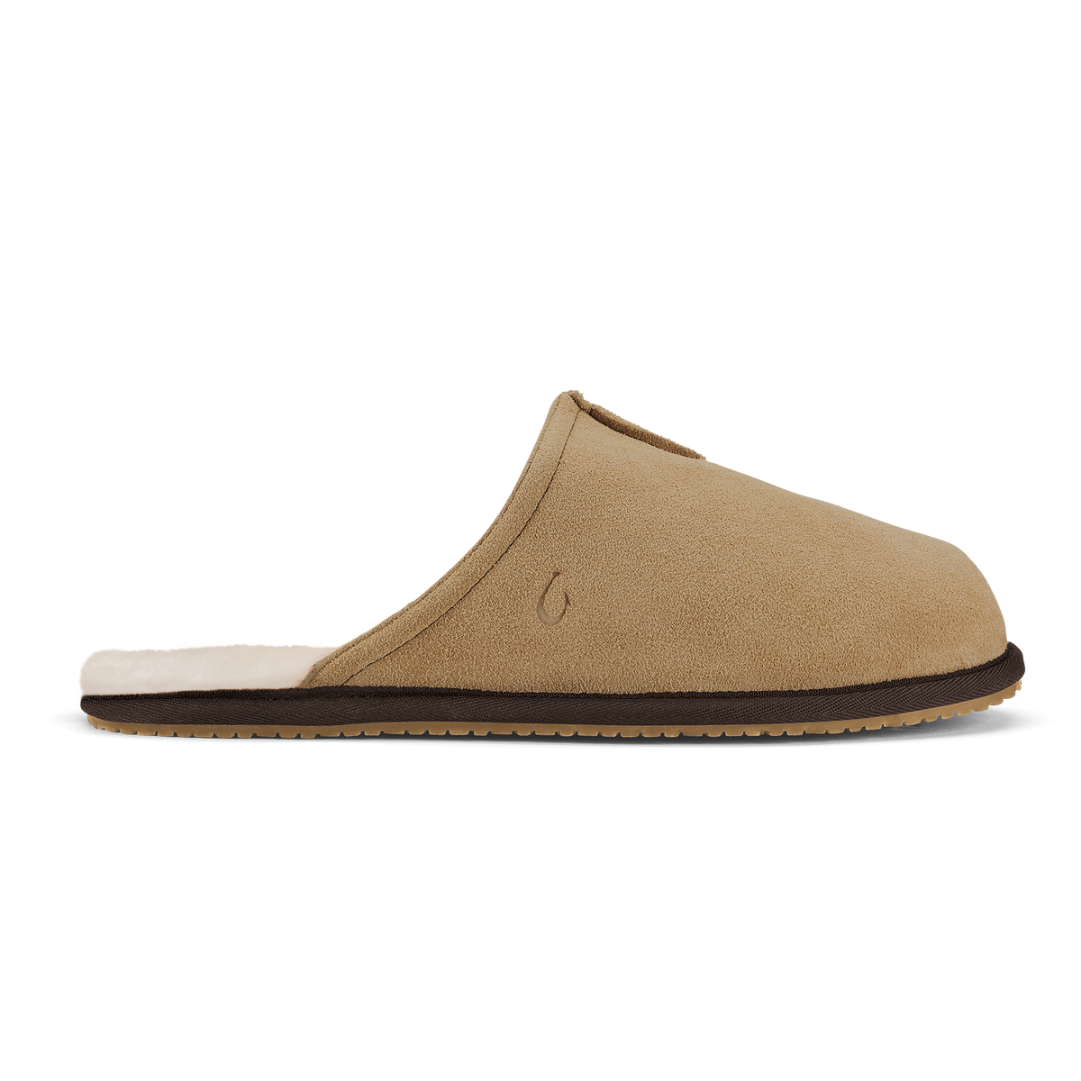Tan suede slipper with dark java trim, cream fleece lining, and textured sole.