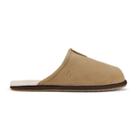 Tan suede slipper with dark java trim, cream fleece lining, and textured sole.