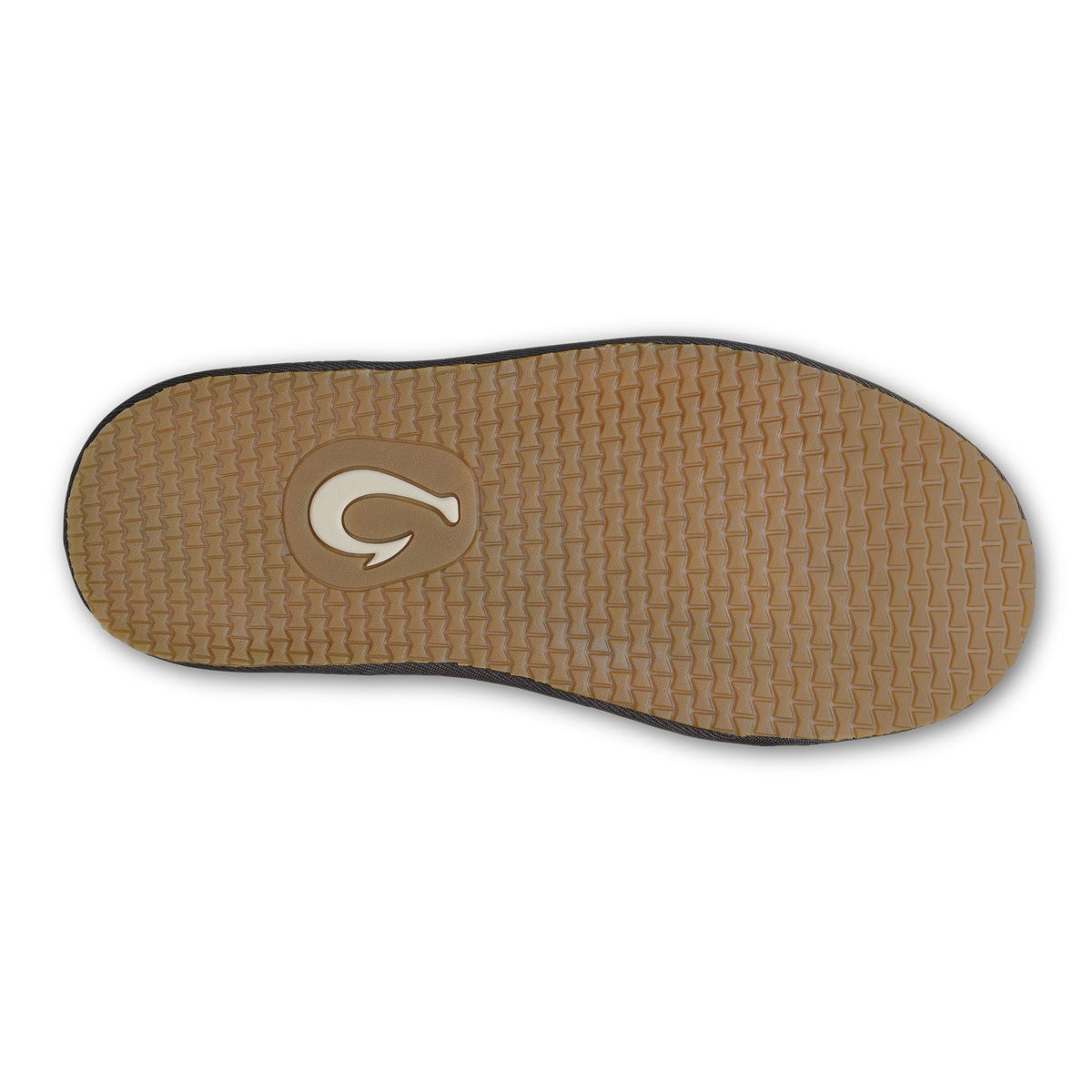 Tan rubber sole with textured tread pattern and embossed logo, black edge trim.