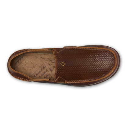 Brown woven lauhala slip-on slipper with tan leather trim and cushioned insole, shown from above.