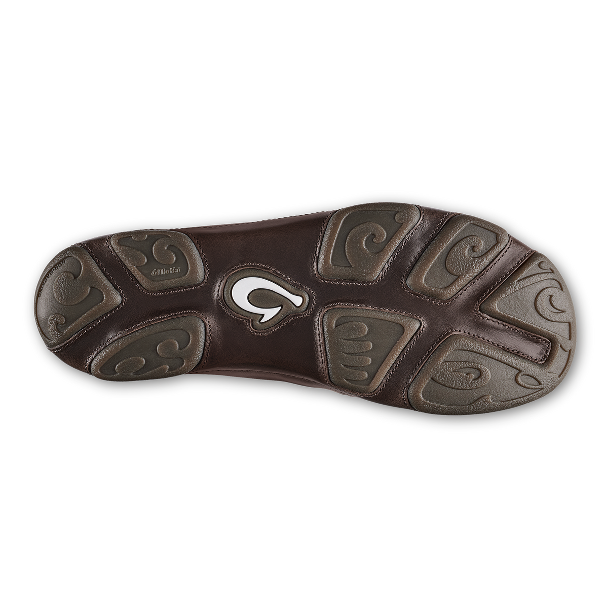 Dark brown lauhala sandal sole with embossed tribal patterns and white center logo.