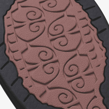 Coral rose textured mat with embossed scrolling floral design and dark border on edges.