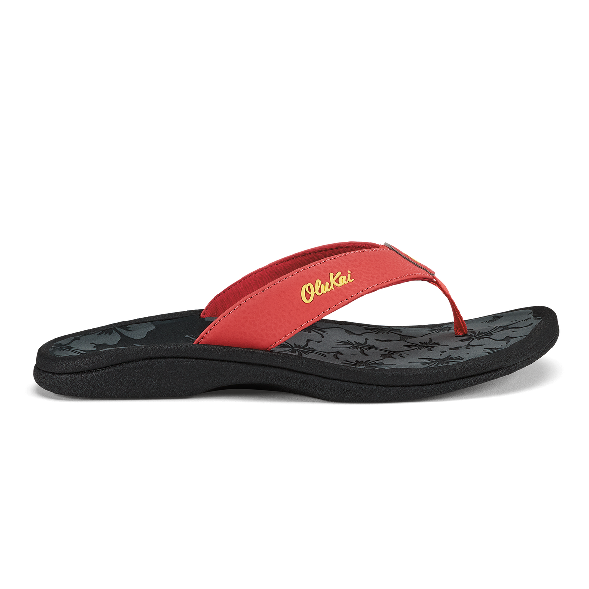 Red and black flip-flop sandal with "Ohana" script branding on the strap.