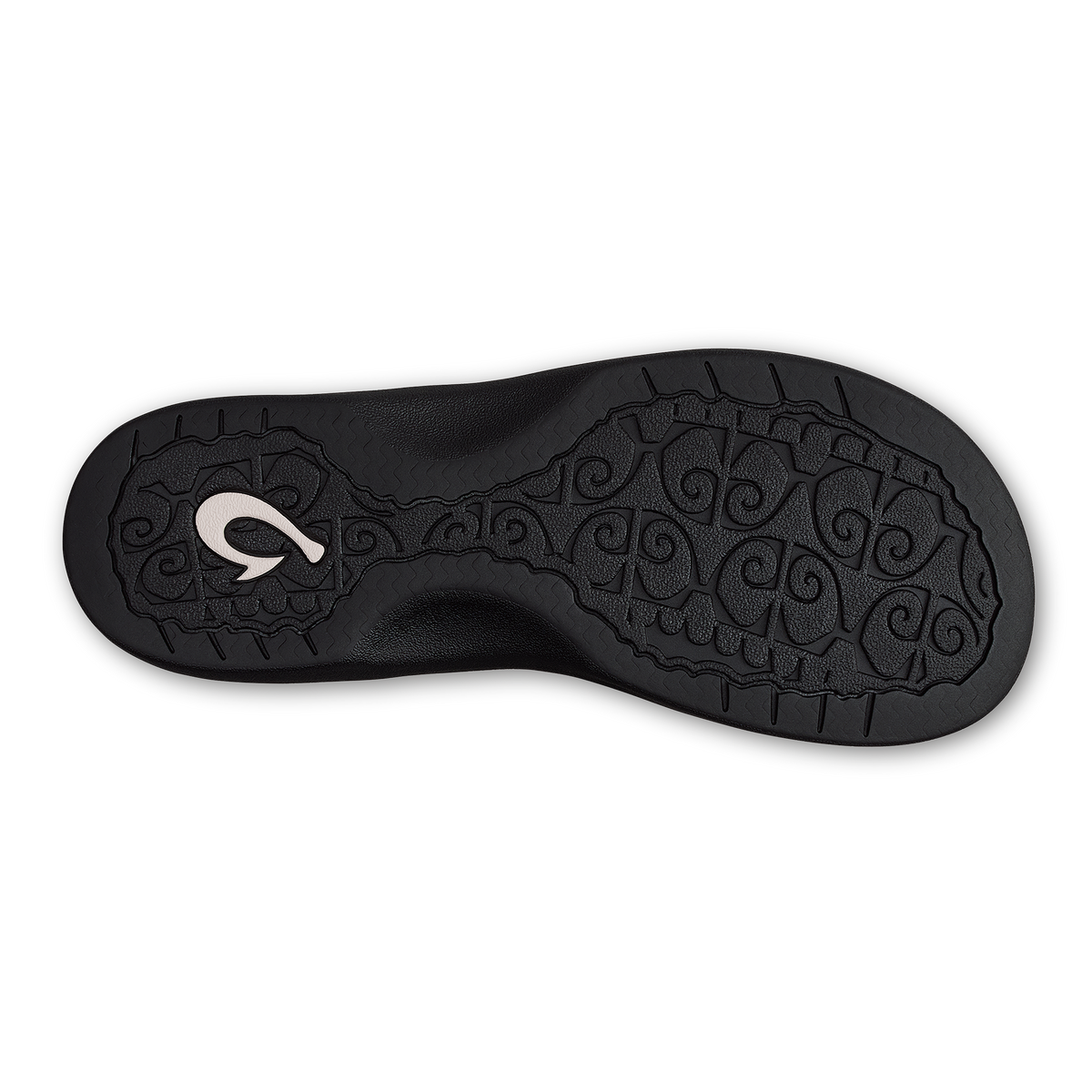 Black shoe sole with ornate swirl pattern and white logo on heel.