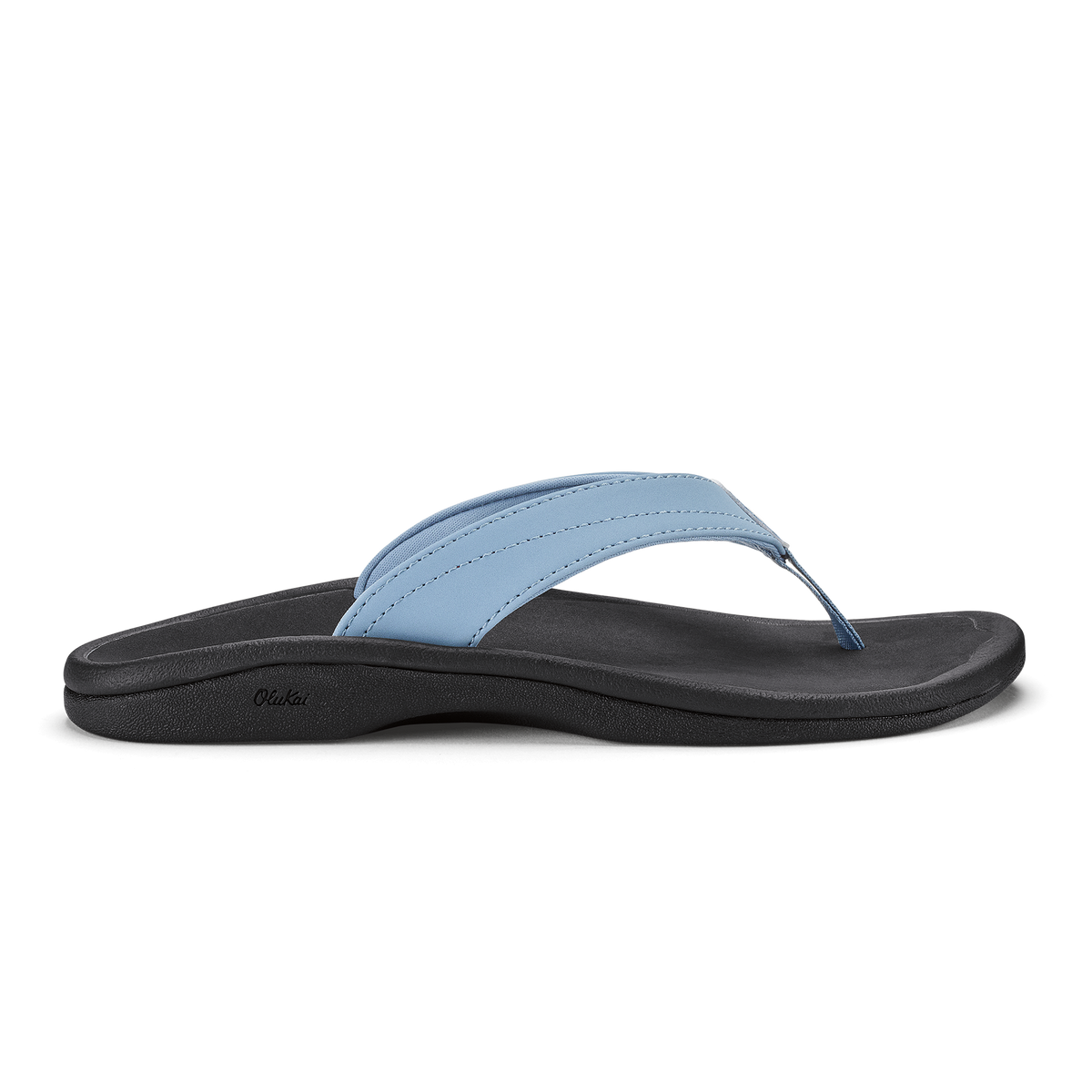 Light blue thong sandal with black sole and strap, featuring stitched detailing.