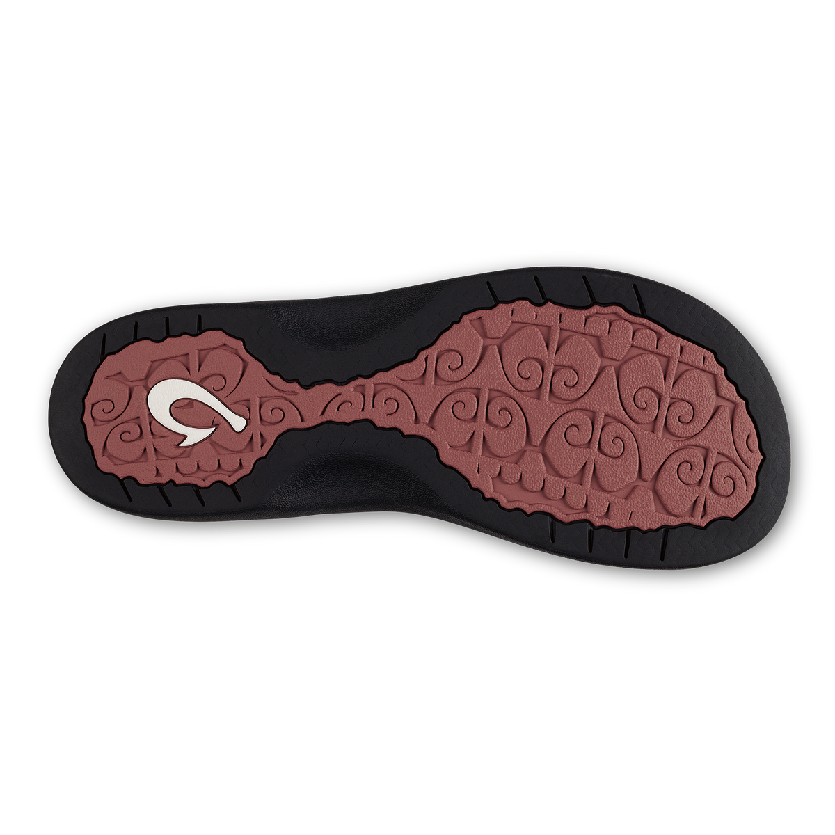 Shoe sole with coral rose textured pattern, black rubber border, and white logo emblem on heel.