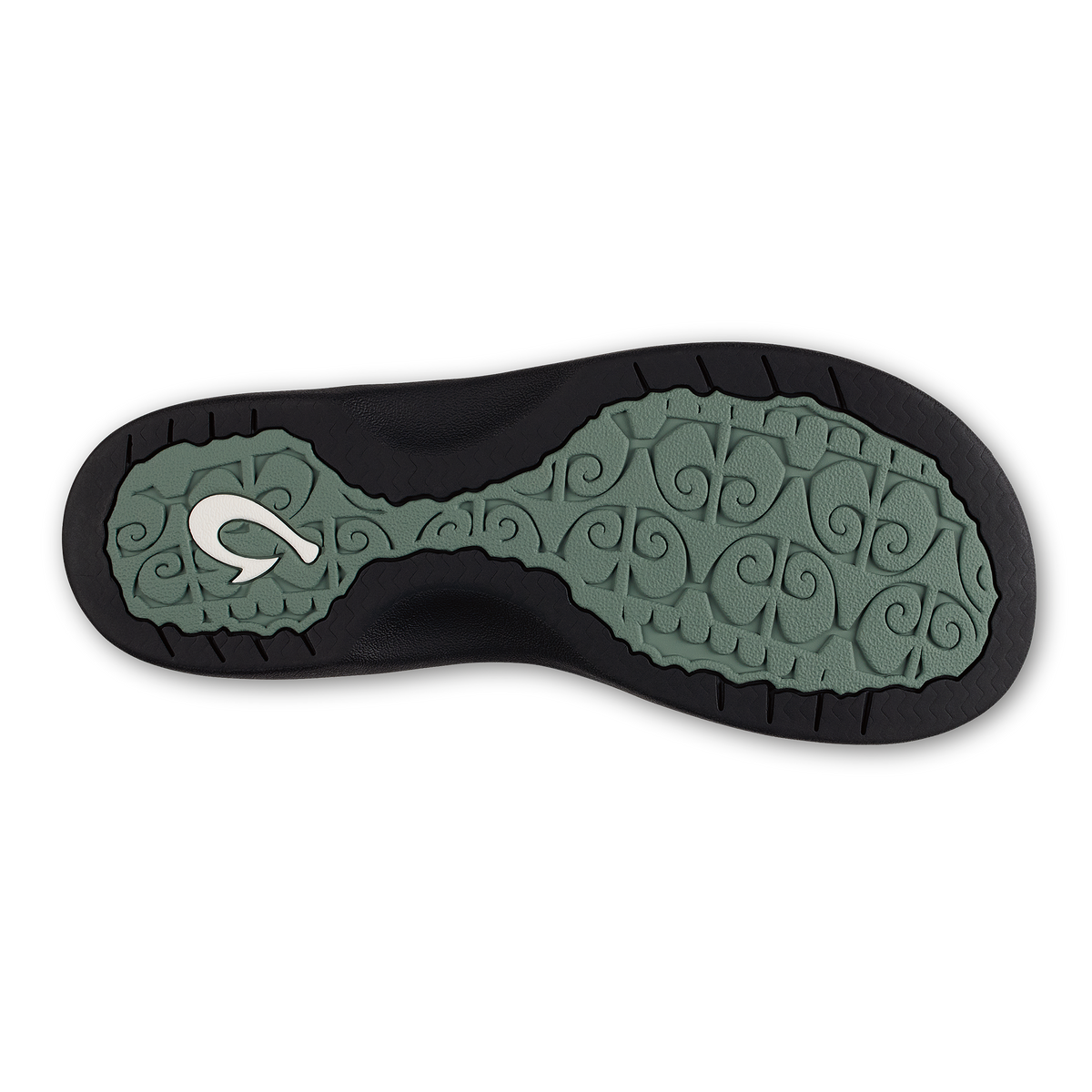 Shoe sole with sage green textured pattern and white logo on black rubber base.