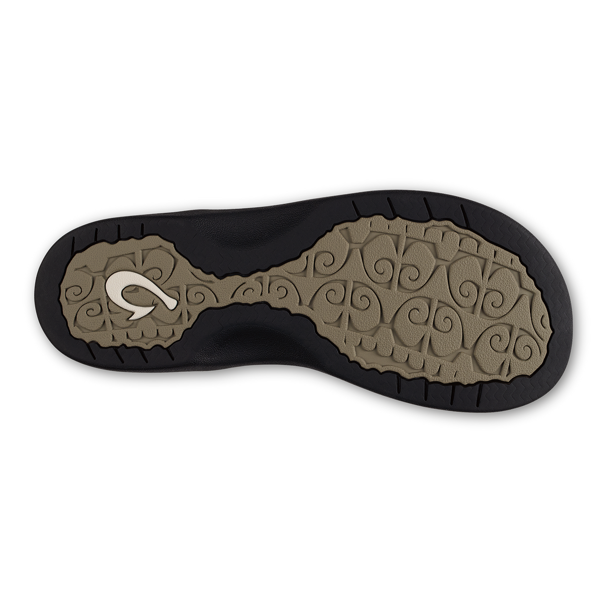 Shoe sole with warm taupe ornamental pattern, black rubber trim, and white logo detail in center.