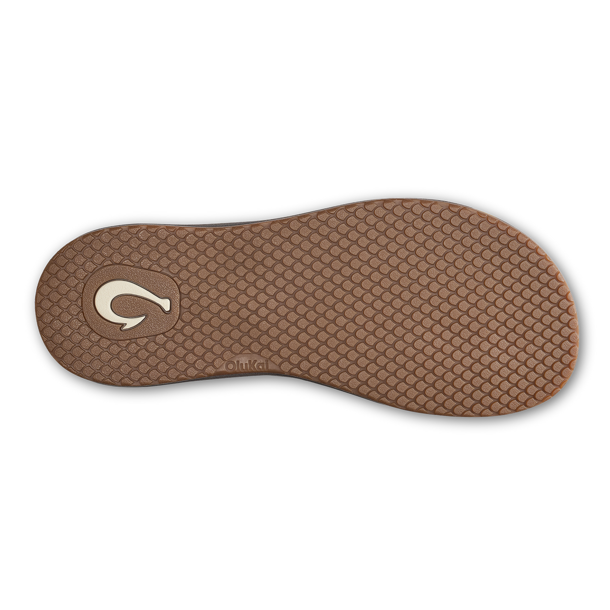 Brown textured sole with white oval logo and brand name visible on bottom surface.
