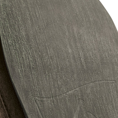 Dark oak slipper with textured fabric upper and curved design detail.