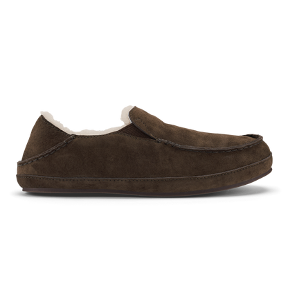 Dark oak suede slipper with cream fleece lining and stitched moccasin sole.