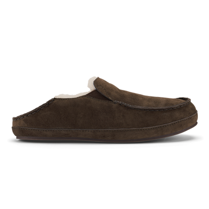 Dark oak suede slipper with fleece lining and stitched sole, shown in side profile.