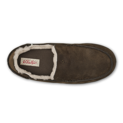 Dark oak suede slipper with cream fleece lining, shown from above.