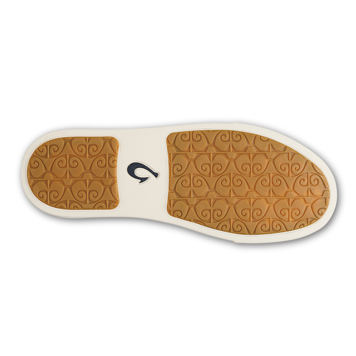 Pale grey slip-on shoe sole with tan scrolled pattern and cream-colored trim.
