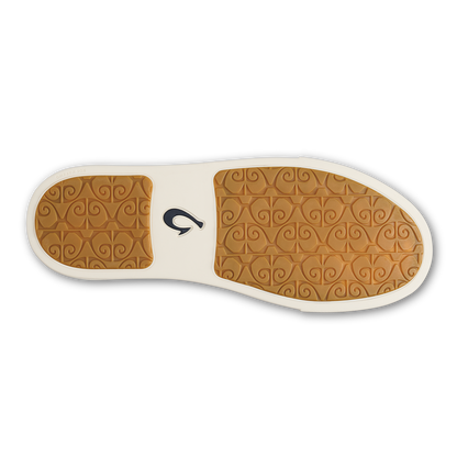 Pale grey slip-on shoe sole with tan scrolled pattern and cream-colored trim.