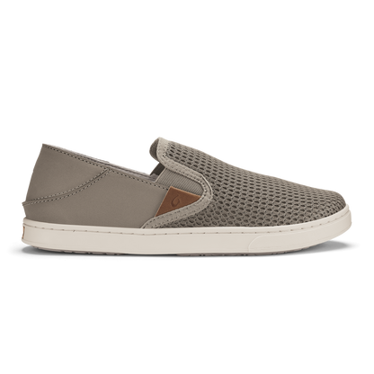 Taupe grey slip-on shoe with textured mesh upper, leather heel accent, and cream rubber sole.