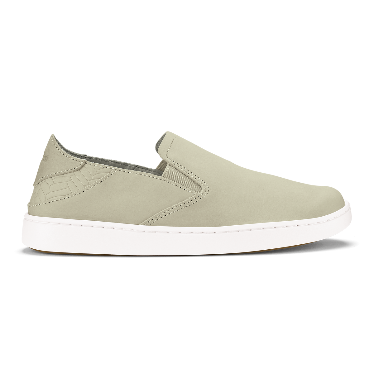 Ecru leather slip-on sneaker with white sole and perforated side panel detail.