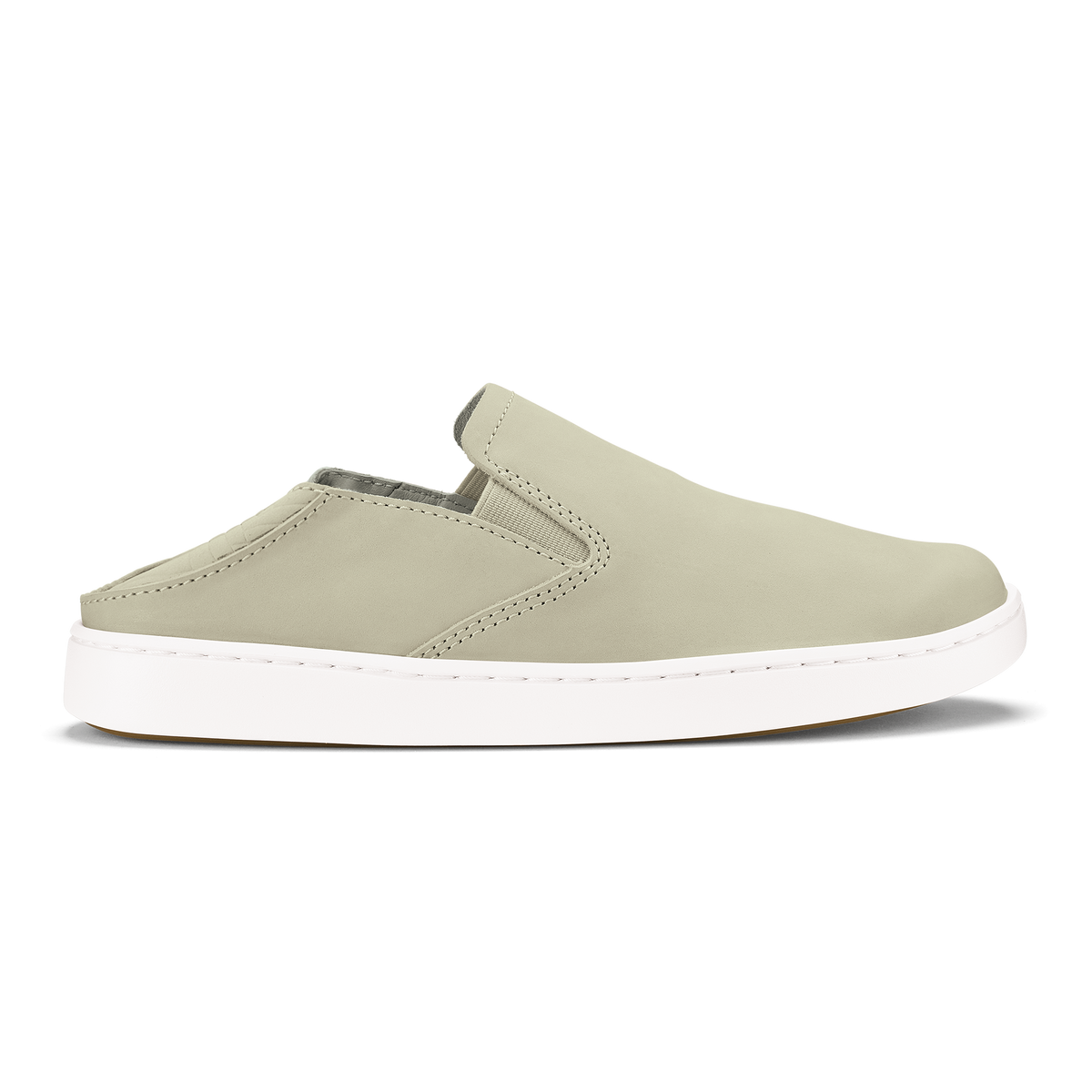 Ecru leather slip-on mule with white sole and decorative stitching detail.