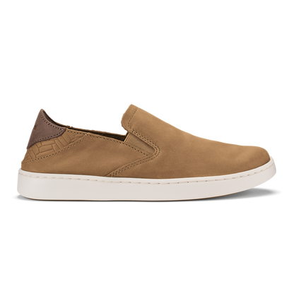 Tan leather slip-on shoe with white sole and brown heel detail.
