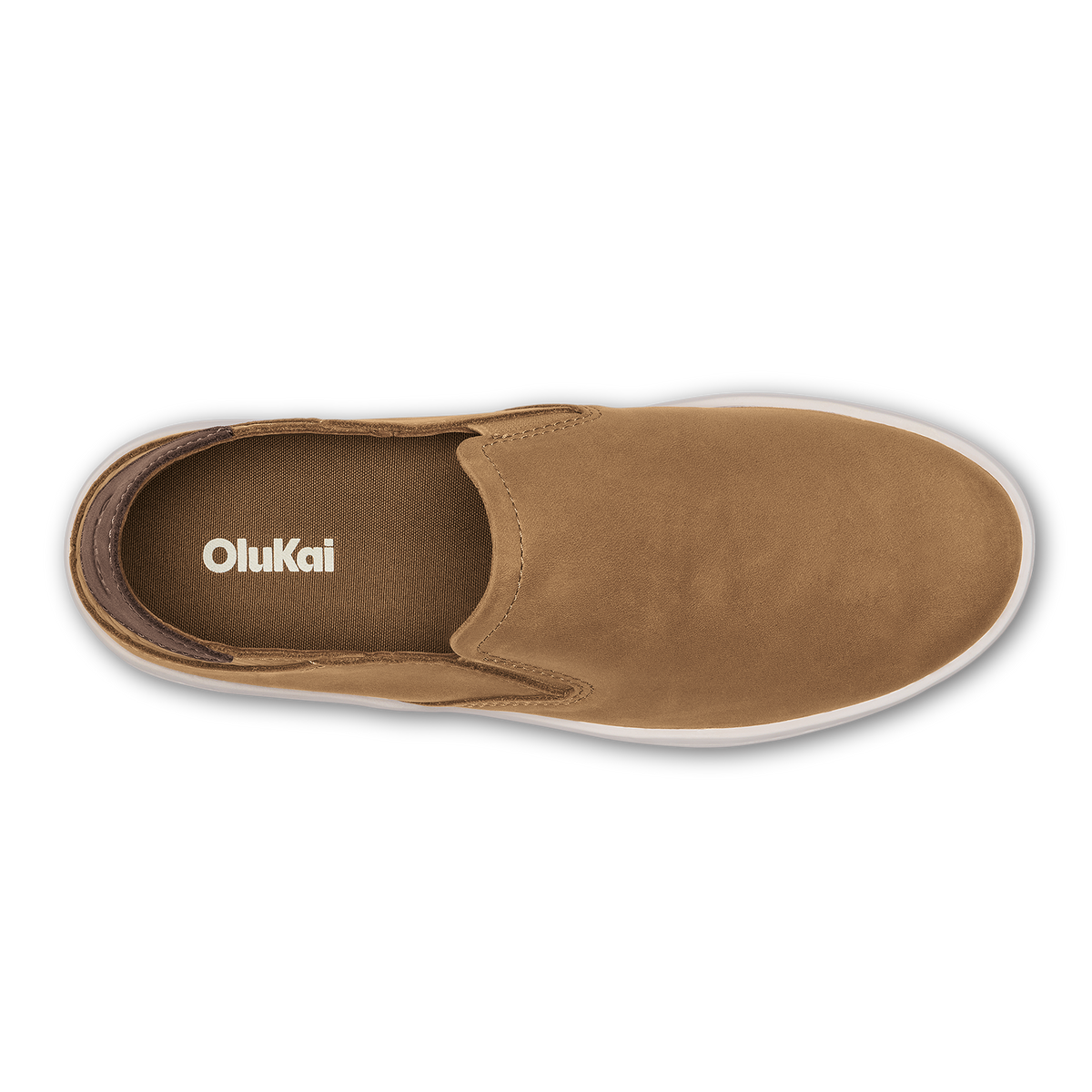 Tan leather slip-on shoe with white sole, shown from above.
