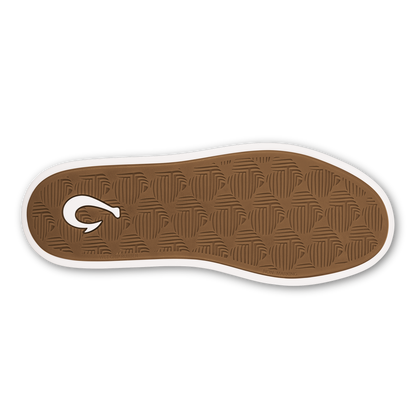 Tan leather slip-on shoe sole with white trim and geometric tread pattern.