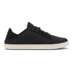 Black knit lace-up sneaker with cream sole and tan heel accent, shown in profile view.