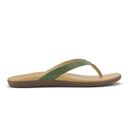 Tan and green thong sandal with curved footbed and contrasting toe strap.