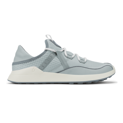 Cloud grey and off-white lace-up sneaker with textured panels and cream-colored sole, shown in profile view.