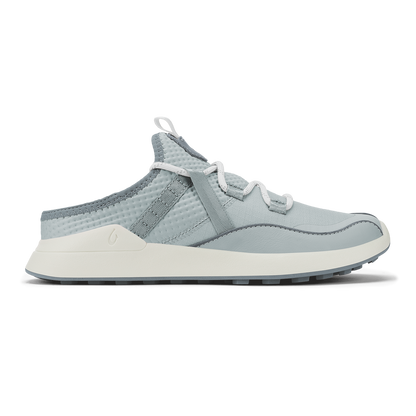 Cloud grey and cream slip-on athletic shoe with textured upper and cushioned sole, shown from the side.